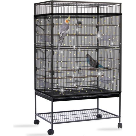 Grande housse de cage à oiseaux, filet extra large, doux et aéré, attrape-semences, perroquets, cordon de serrage réglable, pour cages rondes carrées (noir, étoiles à paillettes) (1/5)