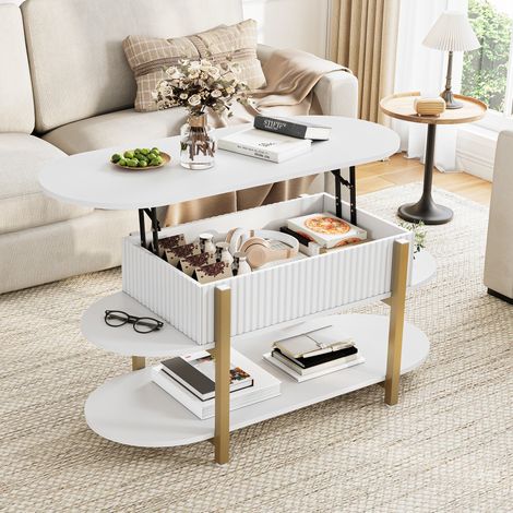 Tavolino ribaltabile - 106x45x50 cm - Piano ovale a scomparsa e ampio vano portaoggetti per salotto moderno - Bianco