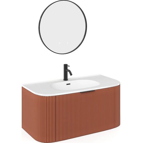 Mobile bagno sospeso scanalato con lavabo da incasso, rubinetto e specchio Terracotta opaco 100 cm - LOMERI (1/5)