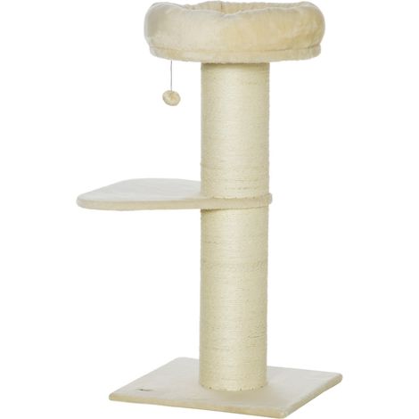Katzenbaum mit Kratzstamm aus Natursisal, 2 Plattformen, Korb, Aussichtsplattform, Hängeball und beigefarbenem Plüschtier