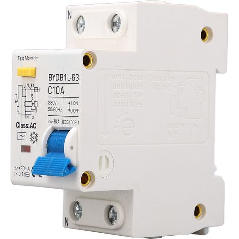 Disjoncteur différentiel type AC 1P 10A 230V, montage sur rail DIN, protection fuite de terre, interrupteur miniature (1/5)