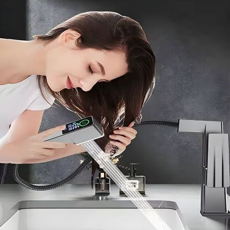 Hochwertiger, um 720° schwenkbarer Waschbeckenhahn aus Kupferlegierung, doppelte Warm- und Kaltwasserregelung mit Digitalanzeige, stilvolles und langlebiges Design MUMU