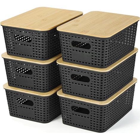 Boîte de Rangement en Plastique avec Couvercle en Bambou, Boîte Empilable, Boîte Pour Ranger Dans Étagères, Tiroirs, Bureau, Armoires, Salles de Jeu et Bureaux, Set de 6, Noir (1/5)