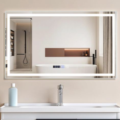GBLY Specchio da bagno a LED con illuminazione -100x60 cm IP44 Specchio da parete per bagno con interruttore touch e orologio Specchio antiappannamento illuminato dimmerabile 3000K-6500K