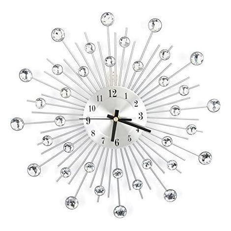 Horloge murale moderne en cristal 3D, 30 cm en métal argenté avec miroir étincelant et strass - Décoration murale ronde - Aiguille numérique en métal - Pour pendaison de crémaillère, salon (1/5)