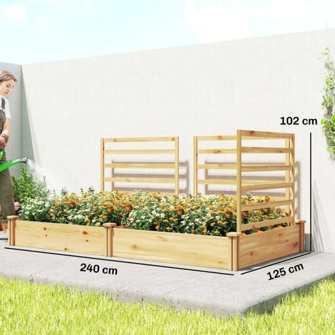 Grand bac de culture en bois de sapin verni 240 x 125 x 102 cm, 2 compartiments et 3 treillis mobiles, fond ouvert, résistant aux intempéries pour jardin