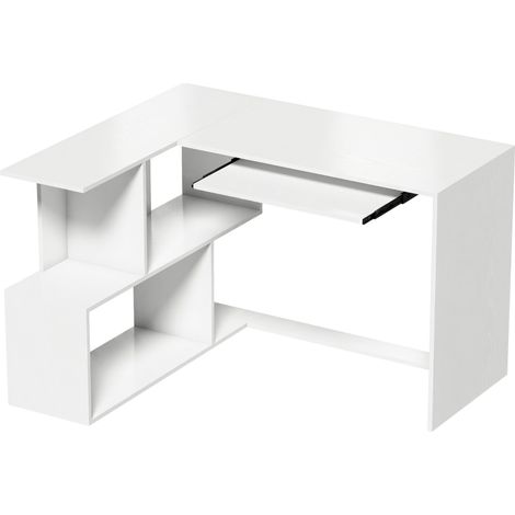 Bureau d'angle, bureau informatique avec tiroir pour clavier et étagères ouvertes, aspect bois blanc (1/5)