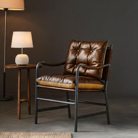 Fauteuil coloris marron en cuir métal 60 x 62 x 90 cm (1/5)
