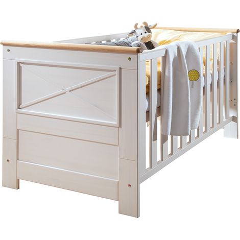 Babyzimmer Kinderbett Gitterbett 70x140cm Kiefer weiß mit Eiche, KOLOMEA-69 (1/3)