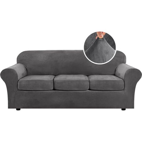 H.VERSAILTEX 4-teilige dicke Samt-Sofabezüge, Couchbezüge für 3-Sitzer-Sofas, hochelastische Überzüge, Möbelschutz, formschlüssiger Luxus-Couchbezug für Hunde, Breite bis zu 90 Zoll (Sofa, Grau) (1/5)
