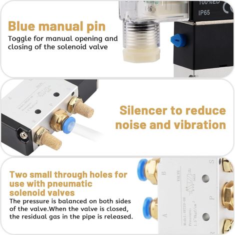 24V DC Electrovanne pneumatique Électrovanne électrique 1/4" 5 voies 2 positions avec connecteur silencieux solénoïde Valve à air comprimé en alum régulateur de gaz pour système pneumatique