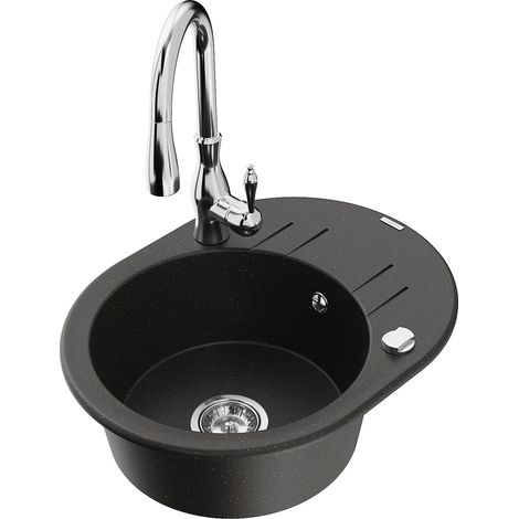 Mexen Kevin Fregadero de granito de 1 seno con escurridor y grifo de cocina Savita, negro/dorado metálico - 6517-75-672601-00 (1/5)