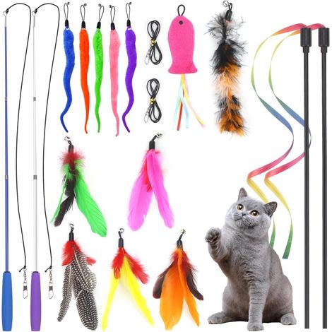 Jouet Chat Interactif Jouets à Plumes pour Chats Plume Interactifs Jouet Chat avec Teaser de Remplacement et Cloche Interieur Jeux Chat Baguette Interactive Canne à Pêche Cadeau Jeu (Style 1) (1/5)