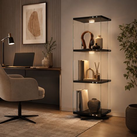 Vitrine Rotative 360° avec Éclairage LED, Vitrine en Verre avec 3 Étagères, Vitrine sur pied, Anti-basculement, Noir