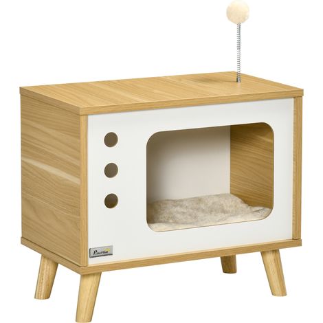 Casa para gatos con diseño de TV, cojín y pelota, 50 x 28 x 43 cm, beige (1/5)