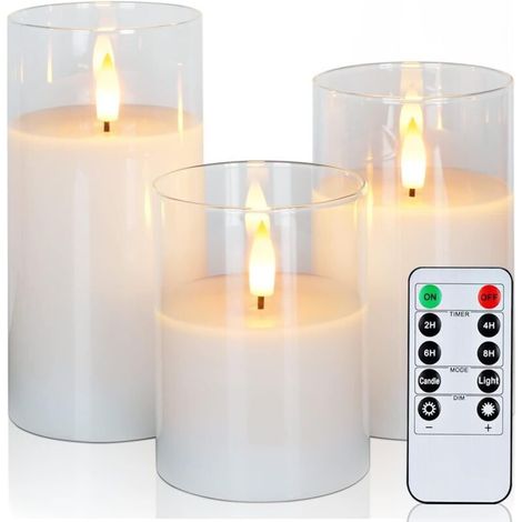 Bougies LED sans flamme, bougies sans flamme en verre transparent avec minuterie et télécommande, bougies piliers parfaites pour Noël et Halloween
