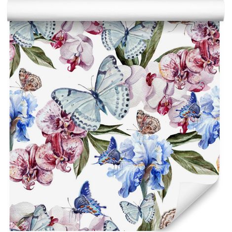 Papier peint papillons, fleurs et verdure pour salon et chambre 50x1000 cm (1/5)