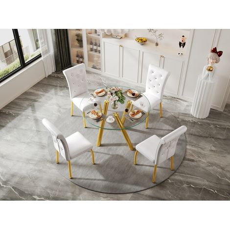 Ensemble de salle à manger 5 pièces pour 4, table ronde en verre trempé et 4 chaises blanches (1/5)