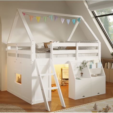 Letto a soppalco a forma di casa 140x200 cm con LED, contenitore, bianco OKMYHOME (1/5)