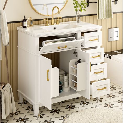 Meuble vasque de salle de bain 90x46x87 cm, avec 4 tiroirs, meuble double porte, vasque céramique, blanc (1/5)