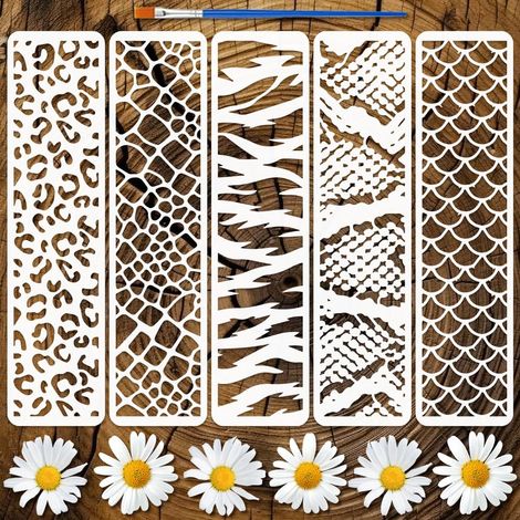 5 Pcs Pochoir de Bordure à Motifs Animaux avec Pinceau 7,5x30cm Gabarit de Dessin d'Écailles de Poisson en PET Pochoir Imprimé Léopard Gabarit de Thème de Bordure pour Décoration Murale (1/5)