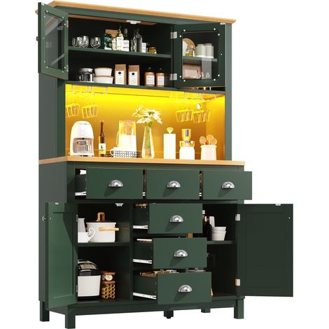 Buffet / armoire de rangement / meuble de cuisine / meuble buffet, 104x40x180cm, style maison de campagne, 4 portes, avec barre lumineuse LED et porte-bouteilles, vert/blanc (1/5)