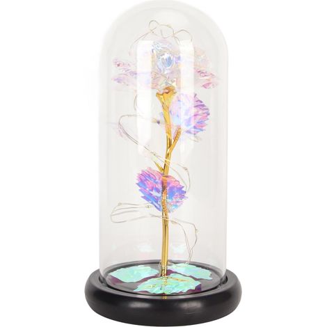 Rose en verre lumineuse LED décorative romantique pour chambre salon, fleur artificielle sous cloche en verre multicolore (1/5)