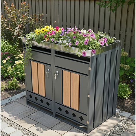 Abri poubelles 2 compartiments gris effet bois en acier galvanisé avec bac à plantes et portes verrouillables (1/5)