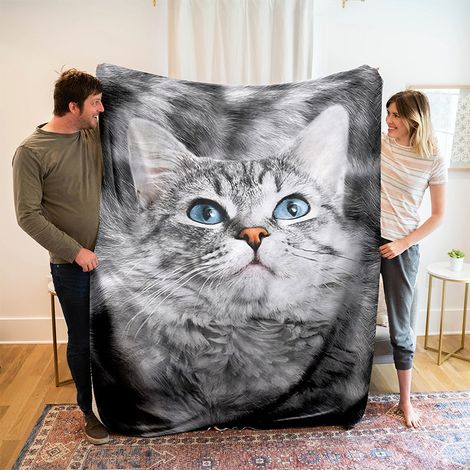 Couverture chat pour amoureux des félins, jeté doux en molleton flanelle à motif chat noir et blanc, plaid moelleux pour femme et fille, taille 130x150 cm (1/2)