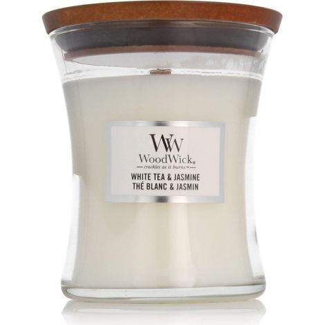 Vela WoodWick blanca de té y jazmín, 275 g