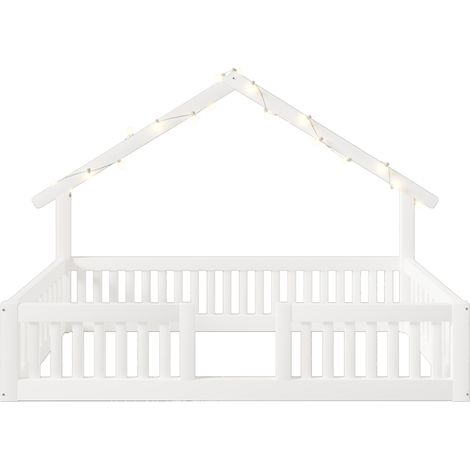 Lit maison enfant 90 x 200 cm en bois blanc avec barrière de sécurité et guirlande LED (1/5)