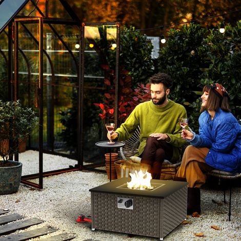 Stylish Rattan Fire Pit Table with 13KW Burner, Pulse Ignition, Handle Lid, Safe Thermocouple, for Outdoor Heating and Relaxation
