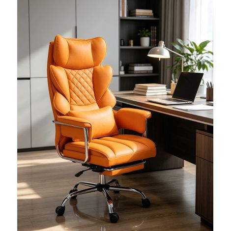 fauteuil de bureau ergonomique orange inclinable 135 degrés avec repose pieds rétractable simili cuir chaise pivotante pour bureau maison (1/5)