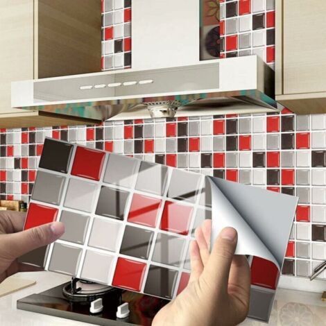 Rectangle Adhésive Décorative à Carreaux pour Salle de Bains et Cuisine Stickers Carrelage, Motif Marbre Mosaïque Imperméables Adhésive Décoration (Rouge Mosaïque,24Pièces) (1/5)