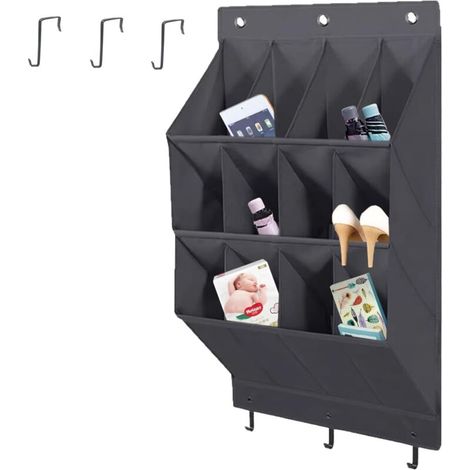 Over the Door Shoe Organizer, 12 Pockets Hanging Shoe Storage Rack with Large Deep Pockets, Oxford 600D Fabric Grey Shoe Storage Rack with 6 hook for Shoes, Slipper,Home Accessories etc-Black (1/3)