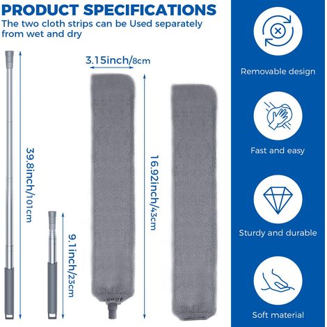 Cet outil de nettoyage extensible pour les recoins est fourni avec deux chiffons en microfibre pour enlever la poussière. (1/4)