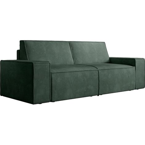 Vente-Unique – Canapé droit 3 places en velours côtelé vert sapin – Déhoussable – Garnissage mousse polyuréthane – Structure bois durable – 230 cm (1/5)