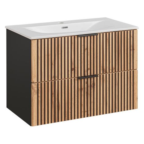 Ac-Deco – Meuble vasque à encastrer 80 cm – Siphon inclus – Panneau stratifié et MDF – 2 tiroirs de rangement – Collection Sylve Black Wotan