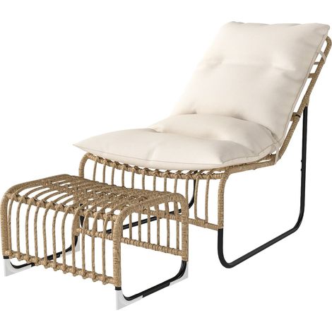 Rattan Relaxsessel mit Fußhocker UV-beständig Gartensessel mit Kissen Bänder Outdoor Rattanstuhl Gartenstuhl für Garten, Balkon, Terrasse Naturholz Aosom