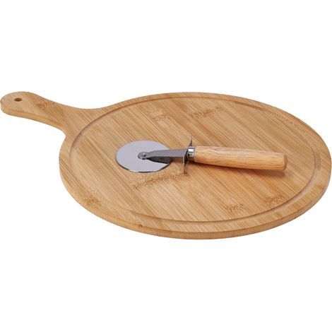 Regalo Italiano Tagliere Legno di Bamboo con Rotella per Pizza 43 x 31 Cm