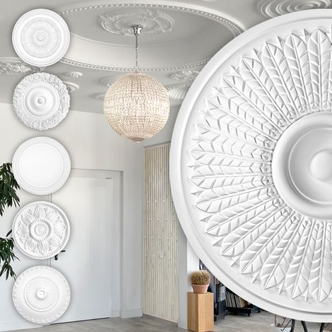 HEXIM Perfect Stuckrosette aus PU, B2016 bis B3046 weiß - Deckenrosette Stuck Wanddeko Wohnzimmer: B3021 - Ø 600mm