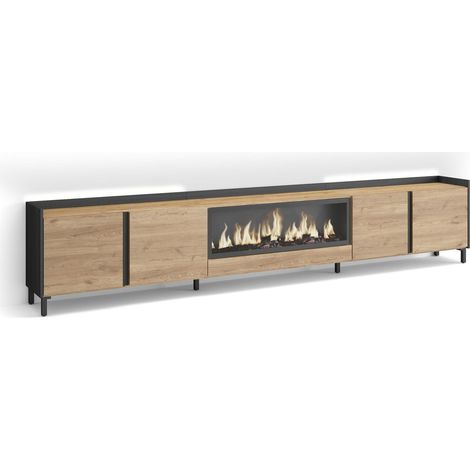 Skraut Home - Mueble TV, Televisión, Muebles de salón, almacenaje, 315x35x61cm, Para TV hasta 80", Chimenea eléctrica XXL, Diseño industrial, LED, Estilo Moderno, Roble y negro (1/5)