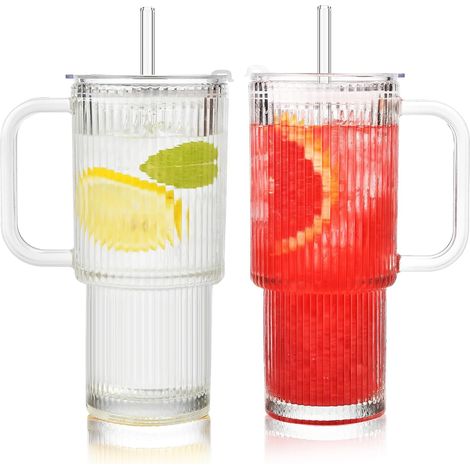 Gobelet Verre Rayé 26 oz avec Couvercle et Paille