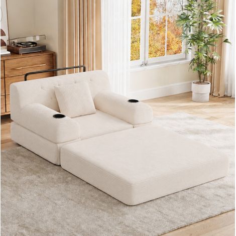 Schlafsofa 1-Sitzer Beige 107/162 cm aus Cord, mit hoher Rückenlehne und Getränkehaltern (1/5)