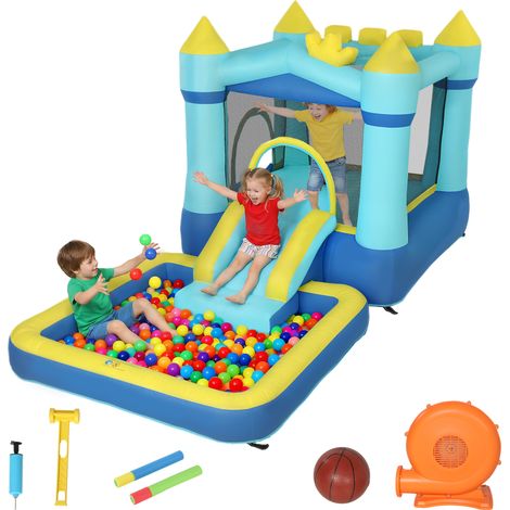 4-in-1 Hüpfburg für Kinder: Rutsche, Trampolin, Bällebad/Wasserbecken, Basketballkorb, Alter 3-8 Jahre, Blau