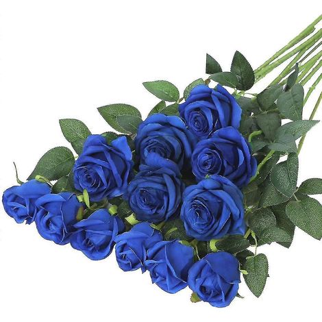 Bouquet de 12 roses artificielles en soie réalistes à longues tiges pour décoration de maison, mariage et fête (bleu)-AquaForge (1/4)