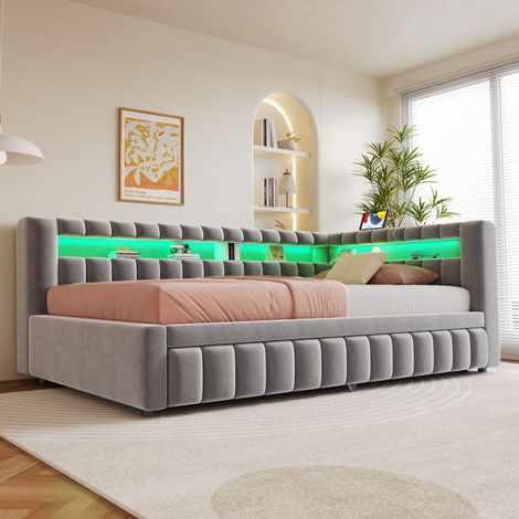 Divano letto estraibile 211.5x102x79 cm, illuminazione LED regolabile, testiera con ripiani, USB e Type C, velluto, grigio chiaro (1/5)