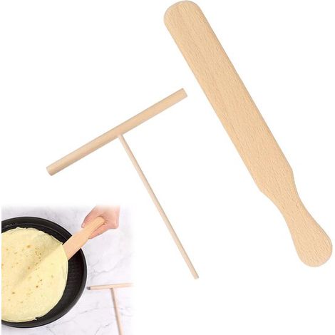 Separador de sartenes，Esparcidor de masa para crepes，Esparcidor de crepes de madera en forma de T，Espátula de madera (2 piezas)