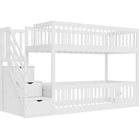 Kinder-Etagenbett 90 x 200 cm aus weißem Holz mit Stauraumtreppe HOMVRA (1/5)