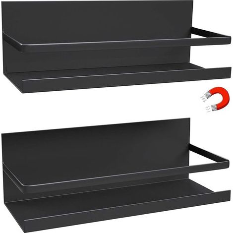 Porta spezie magnetico per frigorifero, confezione da 2 ripiani a parete in acciaio inox con divisori, colore nero. (1/5)